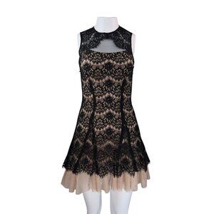 Betsey and Ada Sleeveless Black Lace Nude Dress